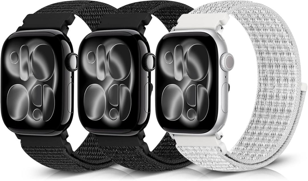 Nylon Sport Bands Compatible with Apple Watch Band 49mm 45mm 46mm 44mm 42mm 41mm 40mm 38mm Women Men, Adjustable Solo Loop Bands for iWatch Series 11 10 9 8 7 6 5 4 3 SE Ultra 2 1, 3 Pack (Dark Black+Black White+Summite White)