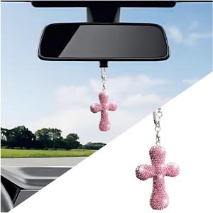 Bling Car Hanging Ornament, Double-Sided Cross Crystal Rhinestone Vehicle Rear View Mirror Charm, Cute Diamond Rearview Mirror Pendant, Universal Auto Interior Accessories (Pink)