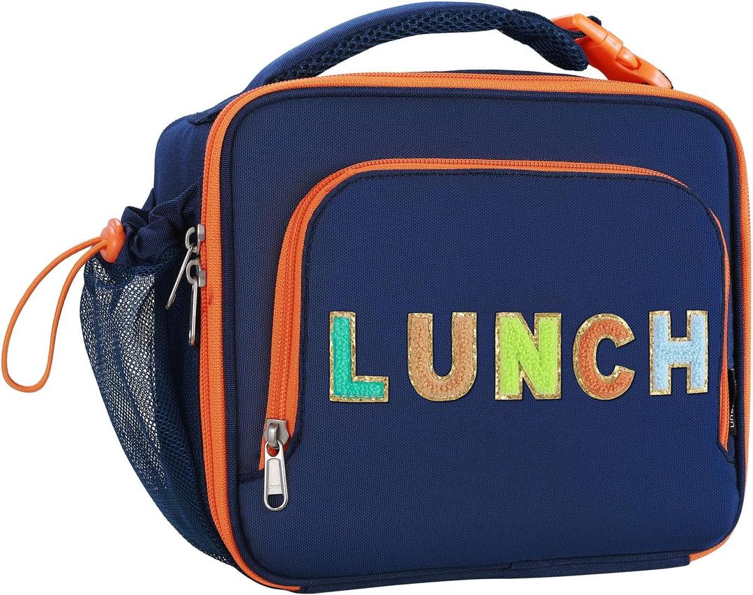 Amersun Kids Insulated Lunch Box- Water-Resistant, Reusable Cute Lunch Tote Bag with Water Bottle Holder & Multi-Pocket-Ideal for Ages 3+ Girls, Boy, School,Travel-Dark Blue