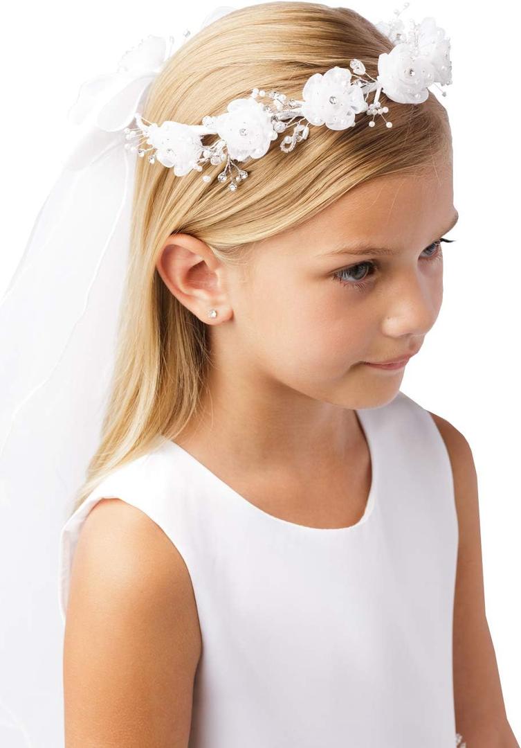 Girls' White Pearl Rhinestone Center Floral Crown First Communion Flower Girl Head Wreath with Veil (1 Count (Pack of 1))