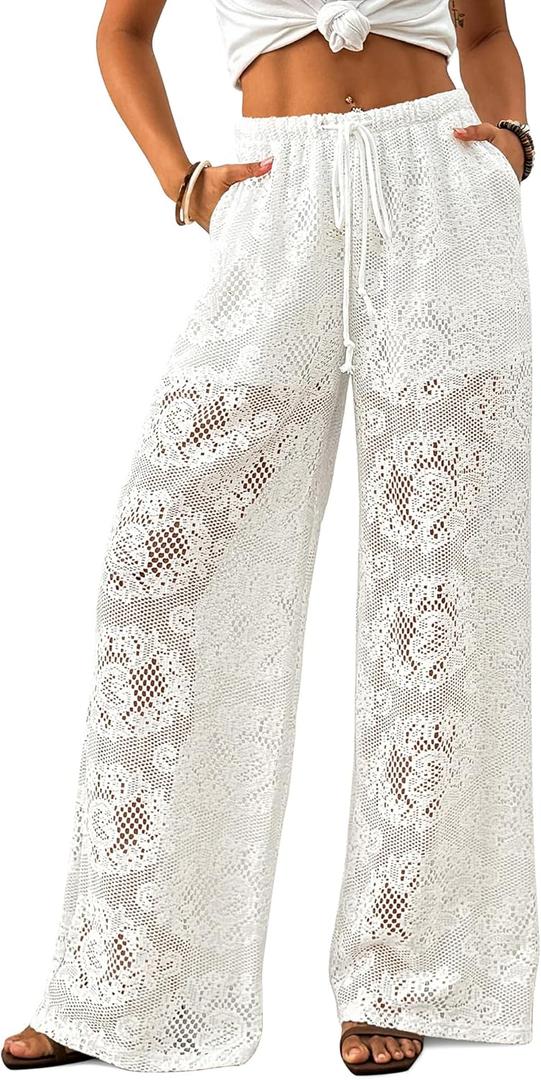 Bsubseach Women Crochet Beach Cover Up Pants Sheer Wide Leg Drawstring Summer Swimsuit Coverup Long Pants with Pockets (Medium, White)