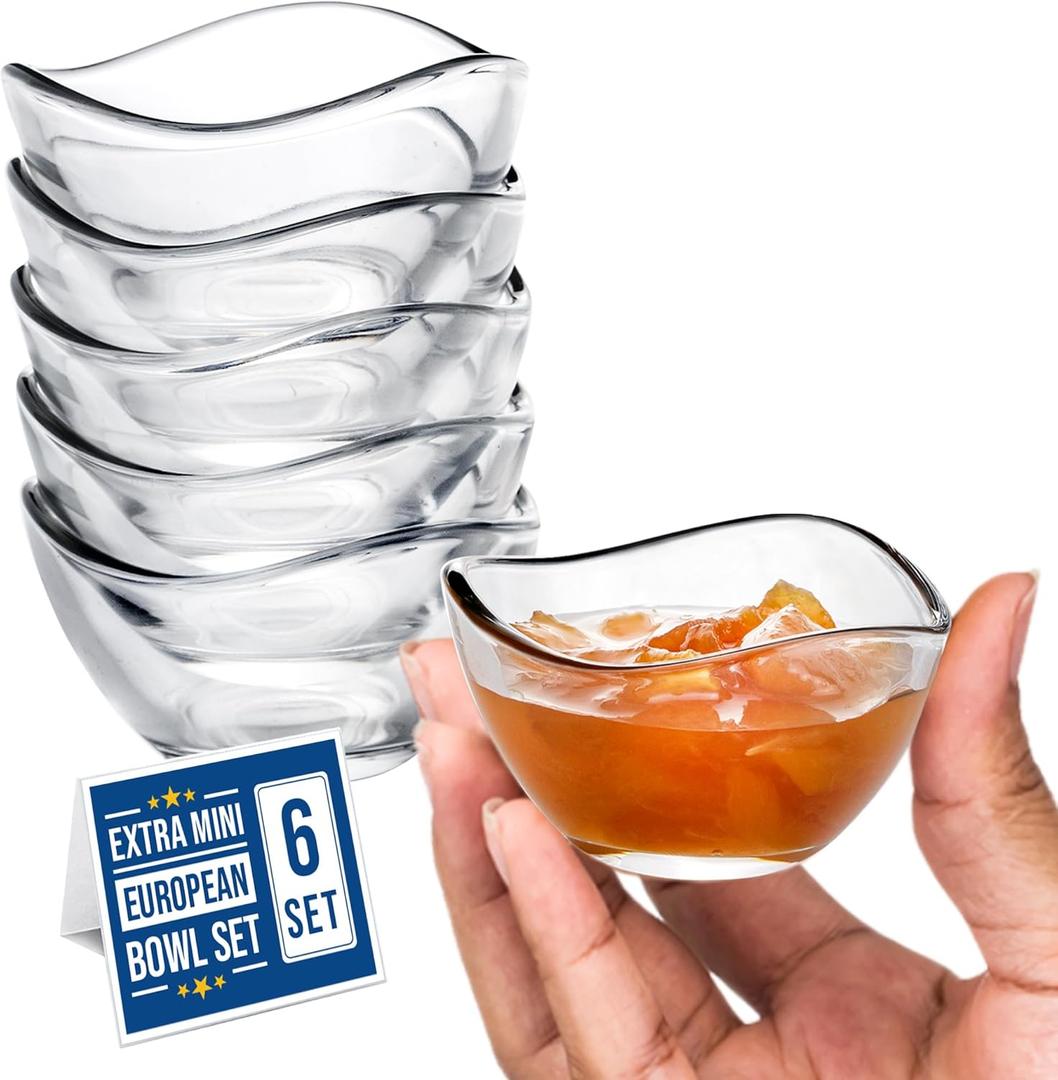 Volarium Mini Glass Prep Bowls Set of 6, 2 1/4 oz LEAD & CADMIUM FREE, Small Glass Spice Bowls for Cooking, Mise en Place, Finger Sauces, Tiny Ingredient, Transparent, Dishwasher & Microwave Safe