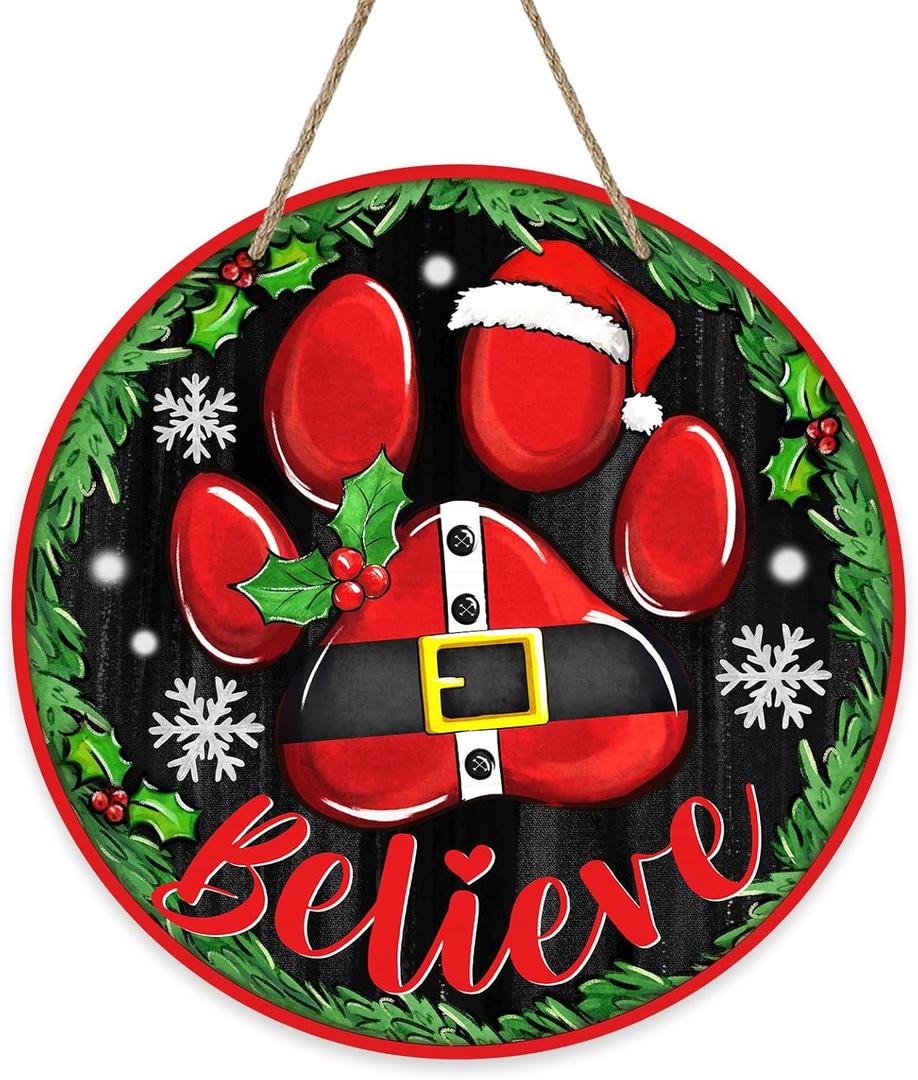 Deroro Christmas Believe Dog Paw Front Door Sign, Xmas Wood Door Hanger Outdoor Outside Porch Decor Pet Lover Gifts, Funny Winter Holiday Wooden Wreath Indoor Wall Hanging Decoration