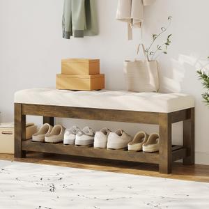 Large Upholstered Ottoman Bench Entryway Storage Benches Tufted Linen Ottoman Bench with Solid Wood Shelf Padded End of Bed Bench for Bedroom Living Room Hallway Decor (Brown)
