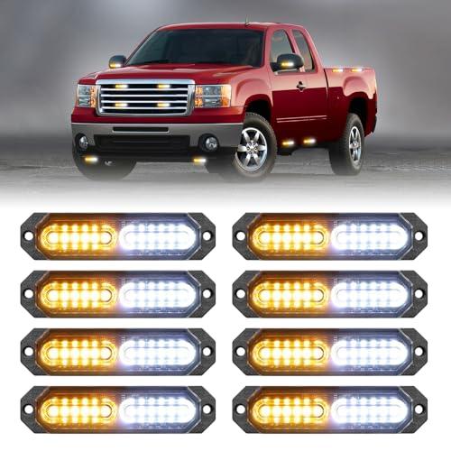 HLauto 1200T Emergency Strobe Grille Lights: 8pcs 12 LED Sync Feature Safety Warning Flashing Lights, Ultra Slim Surface Mount Hazard Caution Light for Trucks, Vehicles, Car, ATV, UTV (Amber White)