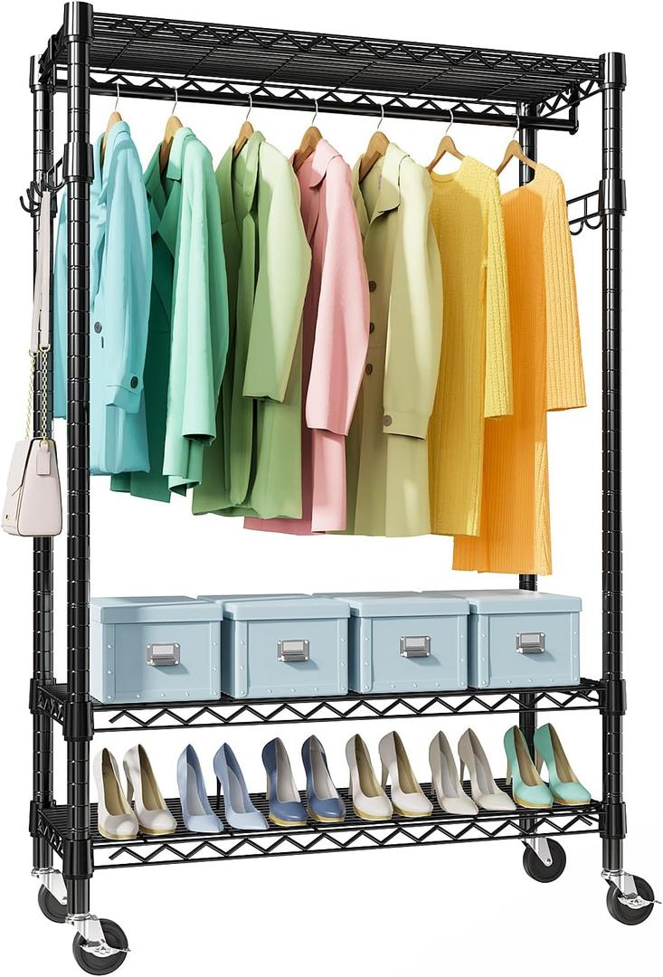 Heavy Duty Rolling Garment Rack 3 Tiers Adjustable Wire Shelving Clothes Rack with Rods and Side Hooks,Storage Closet Clothing Rack with Wheels Black, 48.35 by 19.21x 5.43 in