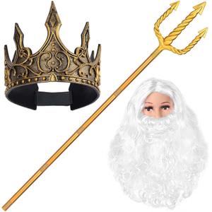 3Pcs Halloween Poseidon Costumes Include Trident Wig Beard and Crown Neptune Costume for Men Women Halloween Dress Up