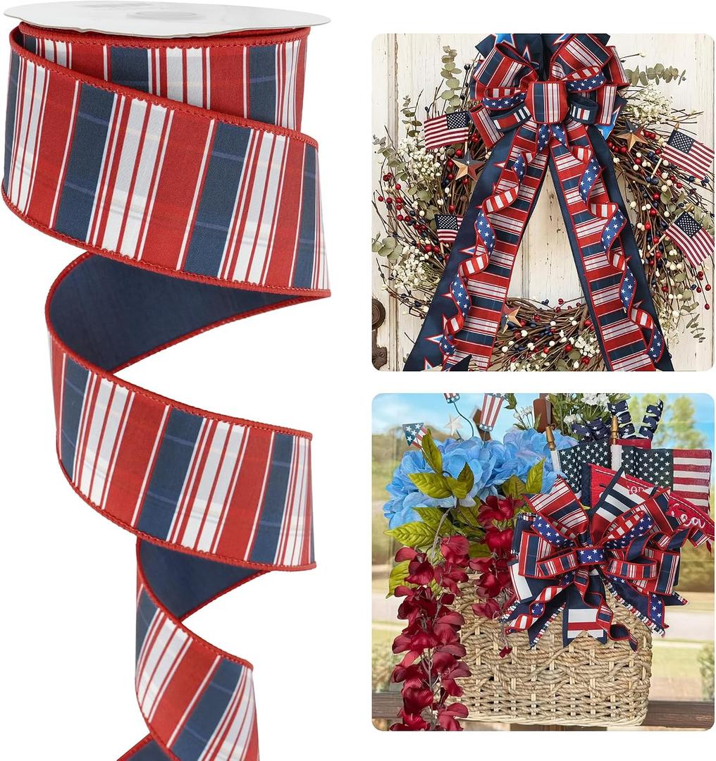 HUIHUANG Red White Blue Plaid Wired Ribbon 2.5 inch Patriotic Checkered Dupioni Ribbon for 4th of July Gift Wrapping Bow Making Wreaths DIY Craft Holiday Decorations - Continuous 10 Yards