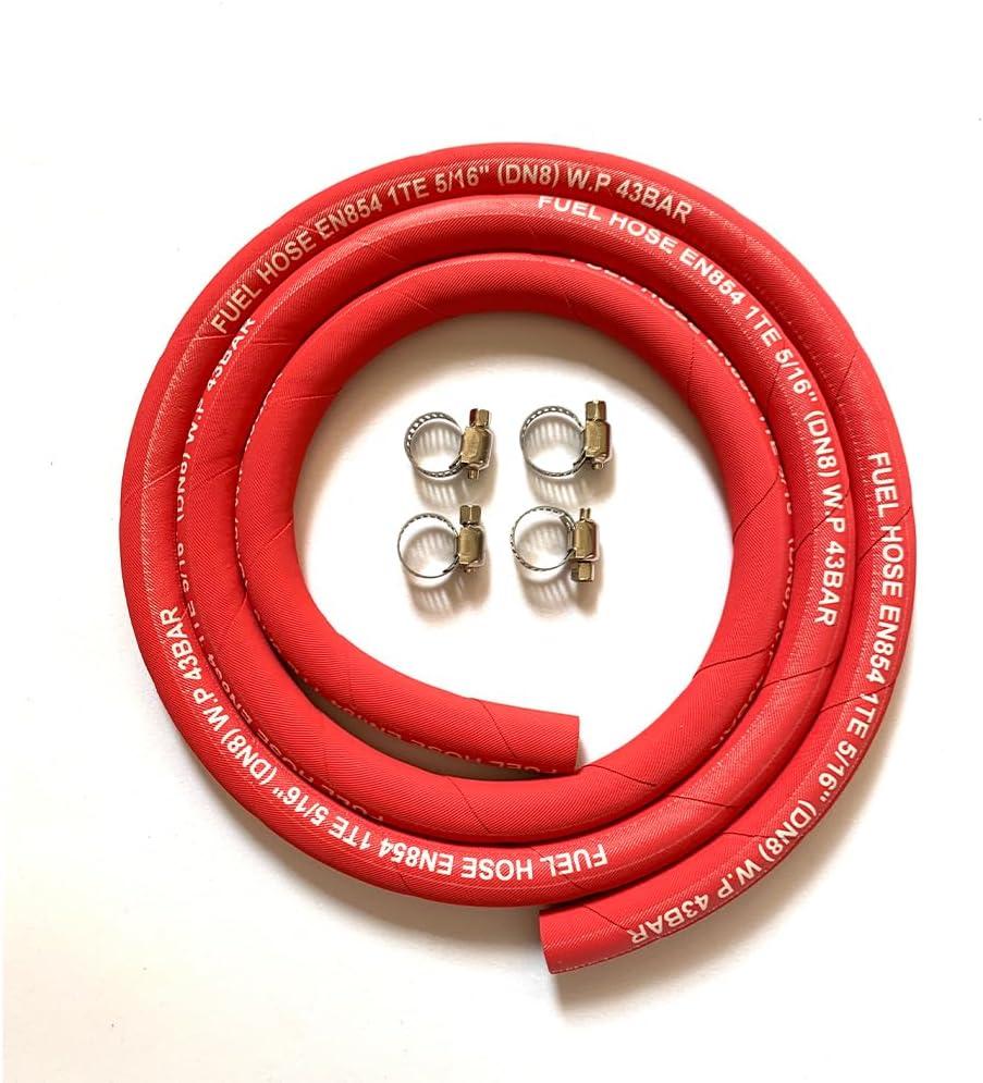 Fuel Line Hose 5AN 5/16" High Pressure Hose 2.8Mpa 400PSI 8mm 5FT for Fuel Systems Engines Tube Hose Multiple Size Options,Implementation Standards:EN854,Red (Attached Hose Clamp)