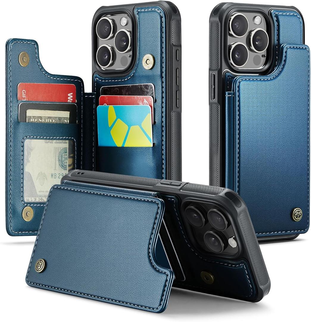 Compatible with iPhone 14 Pro Max Wallet Case with Card Holder RFID Blocking for Women Men, Double Magnetic Clasp Kickstand Shockproof Phone Case Fit for iPhone 14 Pro Max, Blue