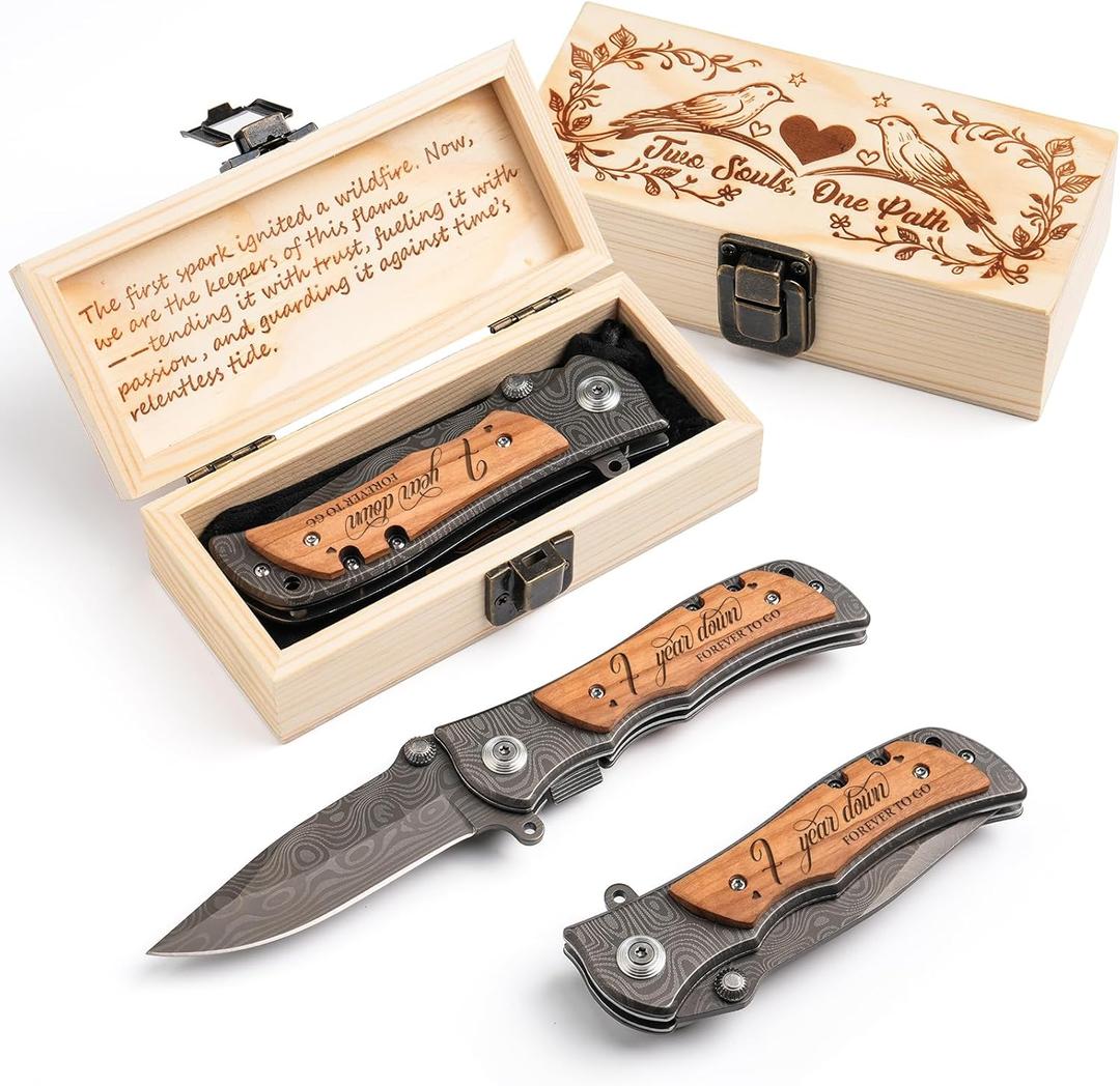 7th Copper Anniversary Pocket Knife for Him, Engraved 3.3" EDC & Outdoor Folding Knife with Elegant Gift Box, Olive Wood Handle Personalized Keepsake for Husband, Boyfriend, Ideal for Camping, Hiking