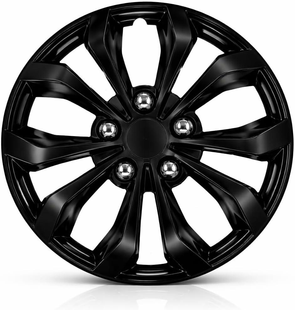 Universal Hubcaps for Steel Wheels, Snap-On Wheel Covers with Adjustable Steel Retaining Ring, Durable ABS, Patent Design (Glossy Black, 14-inch)