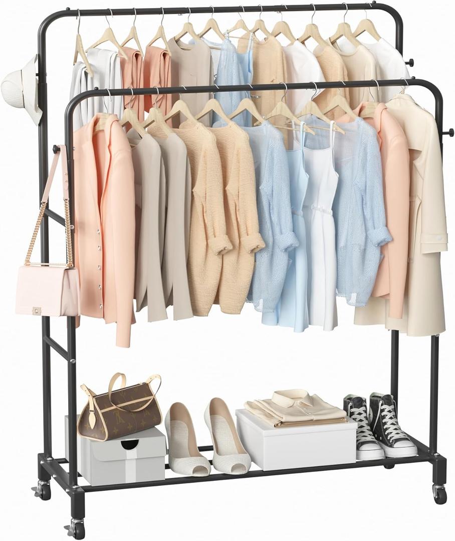 Sooyee Double Rod Clothing Rack with Wheels, 3 Tier Garment Racks for Hanging Clothes, Portable Clothes Rack with 4 Hooks for Bedroom, Laundry Room, Black