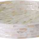 PEMAR 12.6 Mother of Pearl Round Serving Tray with Handles, Decorative Nacred Wooden Ottoman Coffee Table Tray (White Tiles)