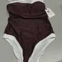 LASLULU Womens Sexy One Piece Swimsuit Strapless Padded Square Neck Bandeau Bathing Suits with Adjustable Spaghetti Straps (Medium, Coffee)