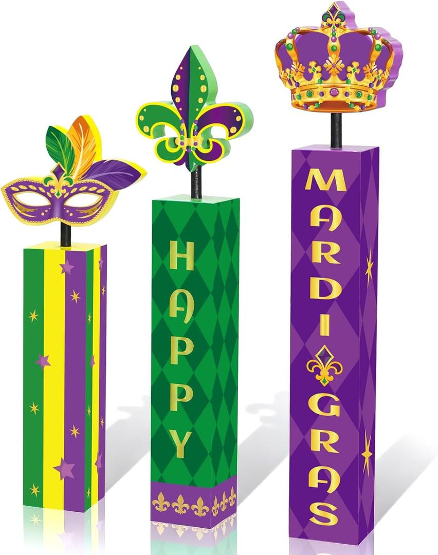 3 Pcs Mardi Gras Table Decorations Set, 3D Wooden Mardi Gras Table Centerpieces, Rustic Carnival Tiered Tray Decor for Home Indoor and Mardi Gras Party Favors Supplies Decorations