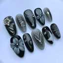Black Glitter Press on Nails Medium Almond Fake Nail with 3D Flowers Star Designs Silver Heart Star False Nails Full Cover Stick on Nail for Women 30 Pcs