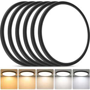 Brightever 12 Inch 6 Pack LED Ceiling Light Flush Mount, 24W 3200LM 0.67 Inch Thickness Close to Ceiling Light Fixtures, Dimmable & 2700K-6500K 5 Color Selectable Light Fixtures Ceiling Mount, Black