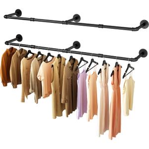 Wall Mounted Clothes Rack 52.6in, Industrial Pipe Clothing Racks Wall Mount, Heavy Duty Detachable Iron Garment Bar, Saving Space, Multi-Purpose Hanging Rod for Bedroom, Laundry Room, 2 Packs (52.6Inches)