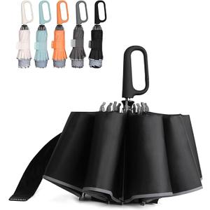 QWB TUMAAOTU Inverted Umbrella with Carabiner Handle, Wind Proof Umbrellas For Rain and Sun, 46 Inch Portable Reverse Folding UV Umbrella, Car Umbrella for Women Men, 10 Ribs