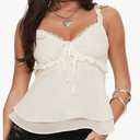 Milumia XS Women's Frill Lace Trim Tie Front Crop Cami Top Y2K Layered Ruffle Hem Camisoles