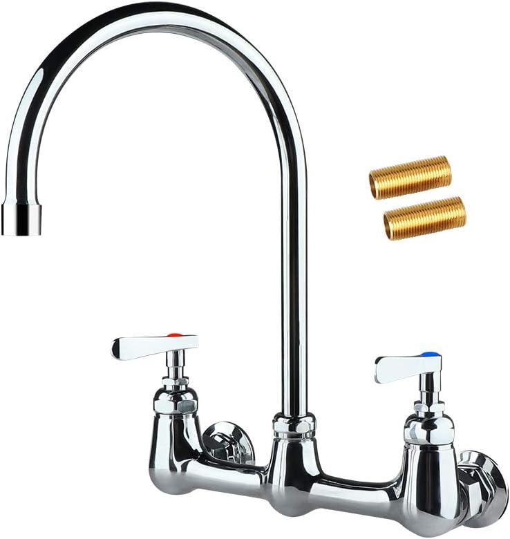 COOLWEST Commercial Wall Mount Faucet 8 Inch Center with 8" Gooseneck Swivel Spout, 2 Handles Heavy Duty Brass Kitchen Sink Faucet, Chrome Finish