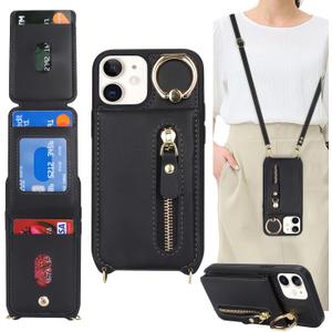 for iPhone 12 Mini Case with Card Holder for Women, for iPhone 12 Mini Phone Case Wallet with Strap Credit Card Slots Crossbody with Kickstand Zipper Case - Black