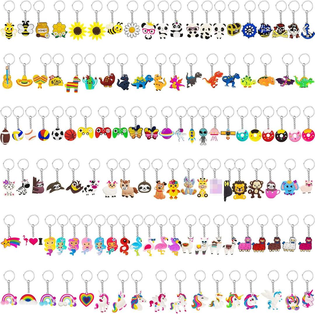 Highergo 120 Pcs Cartoon Keychains Bulk for Kids Cute Backpack Keyring Dinosaur Unicorn Astronaut Animal Rainbow Keychains for School Classroom Prizes Birthday Christmas Party Favors Gift