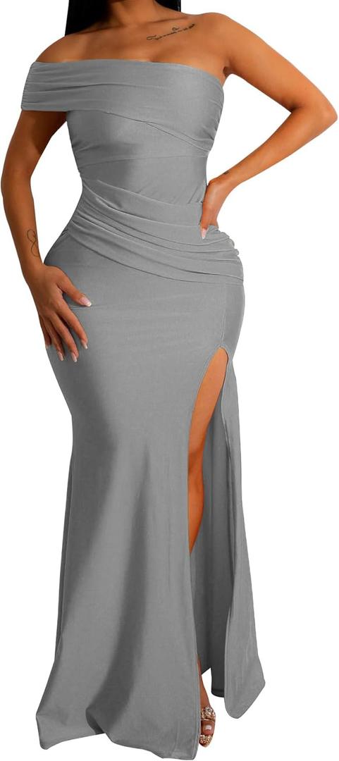 Women's Sexy Off Shoulder Bodycon Maxi Dresses Elegant High Split Club Party Long Dress (Large, 589grey)