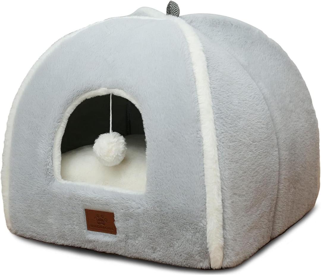 Cat Bed for Indoor Cats - Cat Cave Bed Cat House Cat Tent with Removable Washable Cushioned Pillow, Soft and Self Warming Kitten beds,Cat Beds & Furniture,for Small and Medium Pet Bed. (M(15 x 15 x 15 Inch), Grey)