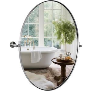 ANDY STAR Brushed Nickel Bathroom Mirror, 20 x 30 Inch Oval Pivot Mirror for Wall, Unique Farmhouse Tilt Mirror in Slim Silver Stainless Steel Metal Frame for Bedroom, Powder Room