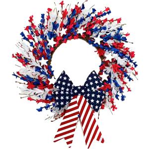 20 Inch Patriotic Wreaths for Front Door, 4th of July Wreath with Stars & Stripes Bow, Red White Blue Floral Wreath for Porch, Wall, Window, Indoor Outdoor Home Decor