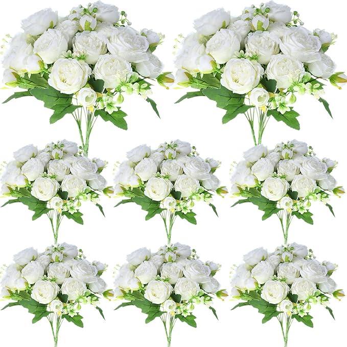 Geosar 8 Bundles Artificial Peonies Flowers Fake Silk Peony Bouquet Faux Peonies Flowers Bulk for Decoration Vase Floral Arrangements Wedding Party Table (White,Green)
