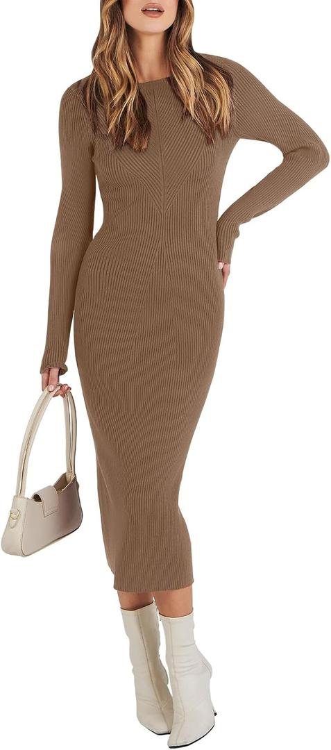 ANRABESS Women Long Sleeve Sweater Dress Crewneck Bodycon Stretch Slim Fit Ribbed Knit Midi Dresses 2025 Fall Trendy Outfits Brown Medium (Brown, M)