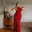 GOKATOSAU Women's Asymmetry Neck High Side Split Bodycon Ruched Plus Size Long Maxi Dress (Red)