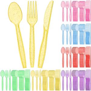Lasnten 180 Pieces Glitter Plastic Silverware Set Disposable Clear Plastic Cutlery Flatware for Party 60 Knives 60 Spoons 60 Fork for Party Birthday Dinnerware Supplies(Multicolor)