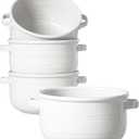 LE TAUCI Soup Bowls with Handles - 28 oz Lead-Free Ceramic French Onion Crocks, Oven and Microwave Safe, Heat-Resistant Design, Stackable, Dishwasher Safe, Set of 4, White