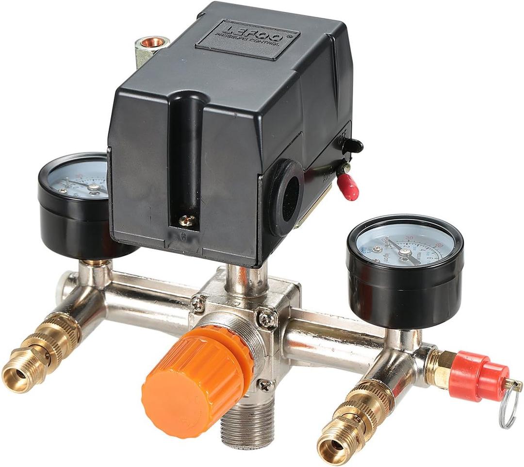 Secbolt Pressure Switch Manifold Regulator Gauges Air Compressor Pressure Switch Control Valve 90-120PSI (Horizontal Switch)