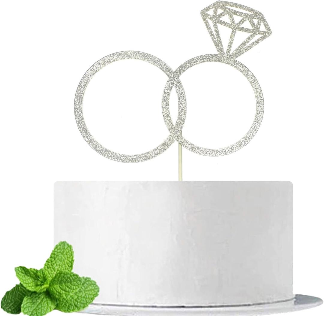 JIEEIN Diamond Ring Cake Topper for Engagement/Wedding/Bridal Shower/Valentine Party Supplies, Double Sided Silver Glitter