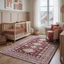 Boho Area Rug 8x10 - Vintage, Non Slip, Washable, Durable, Low Pile Rug for Living Room, Bedroom, Dining Room, Oriental Soft Distressed Printed Carpet, Burgundy