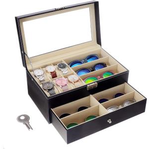 Leather Watch Box and Sunglass Glasses Case Organizer and Jewelry Display Drawer Lockable Case Organizer Black