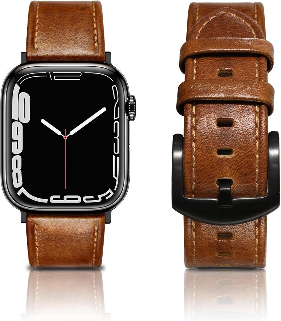 EDIMENS Leather Bands Compatible with Apple Watch 49mm 45mm 42mm 44mm Band Men Women, Vintage Genuine Leather Wristband Replacement Band Compatible for Apple Watch iwatch Series 9 8 7 6 5 4 3 2 1 SE2 (Chestnut Brown/Black)