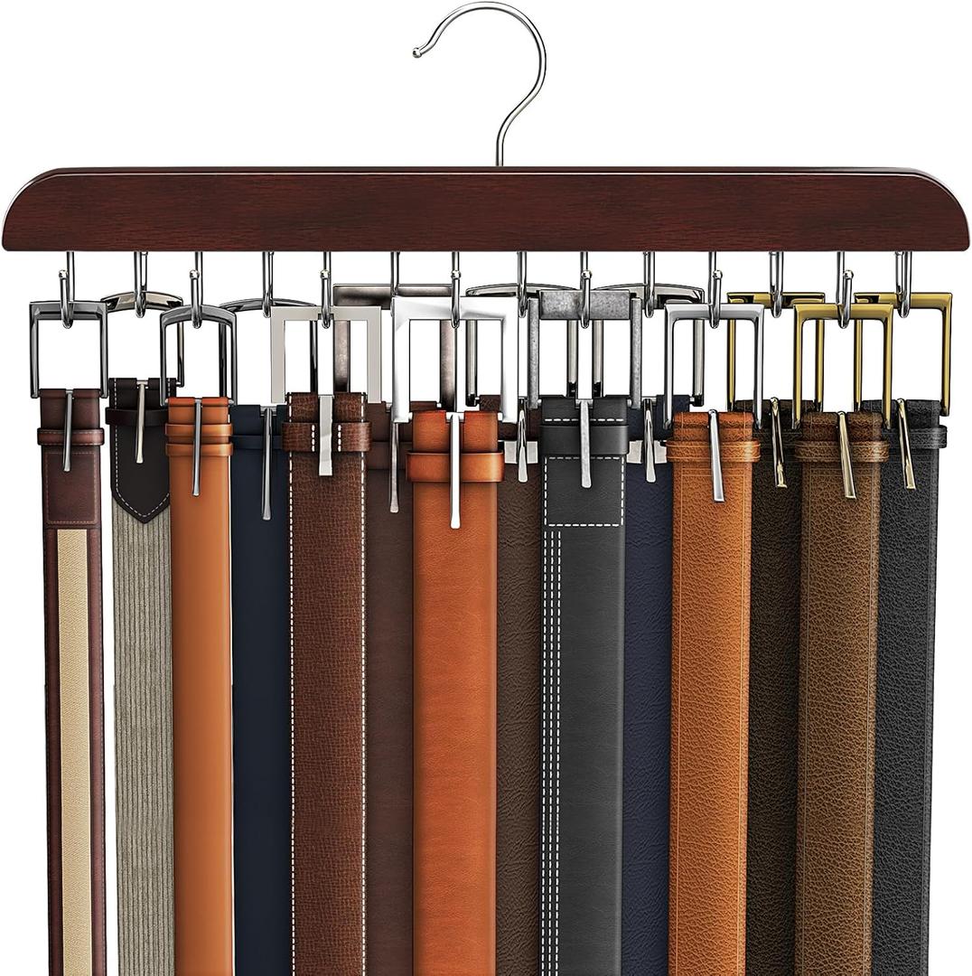 Belt Hanger for Closet, Sturdy Wood Belt Rack Closet Accessories with 14 Hooks Belt Organizer for Closet Organizers and Storage Max 42 Belts-Mahogany 1 Pack