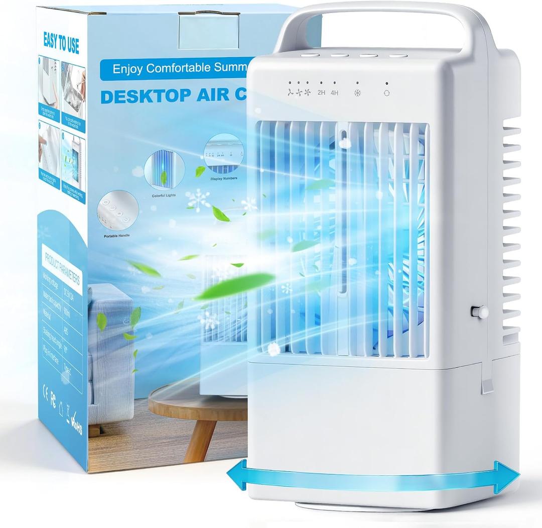 Portable Air Conditioners - Mini Evaporative Air Cooler for Room - Cooling Fan with Oscillating - 900ml Water Tank Air Conditioners Portable - AC Fan with 3 Speed 2/4H Timer and 7 Colors Light