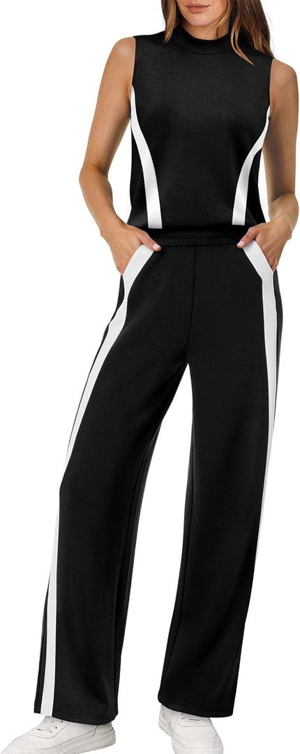 XIEERDUO Two Piece Sets for Women Summer Outfits Travel Mock Neck Lounge Sets Wide Leg Pants Beach Vacation Clothes (Medium, Black+white)