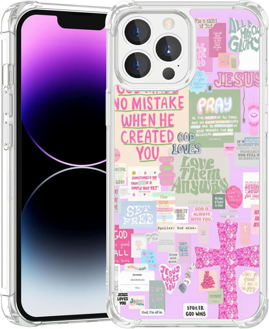 Classic Religious Sayings Phone Case Fit for iPhone 14 Pro Max  Wireless Charging Pink Aesthetic Cross God Jesus Phone Cover Gift for Boy Girl Men Women
