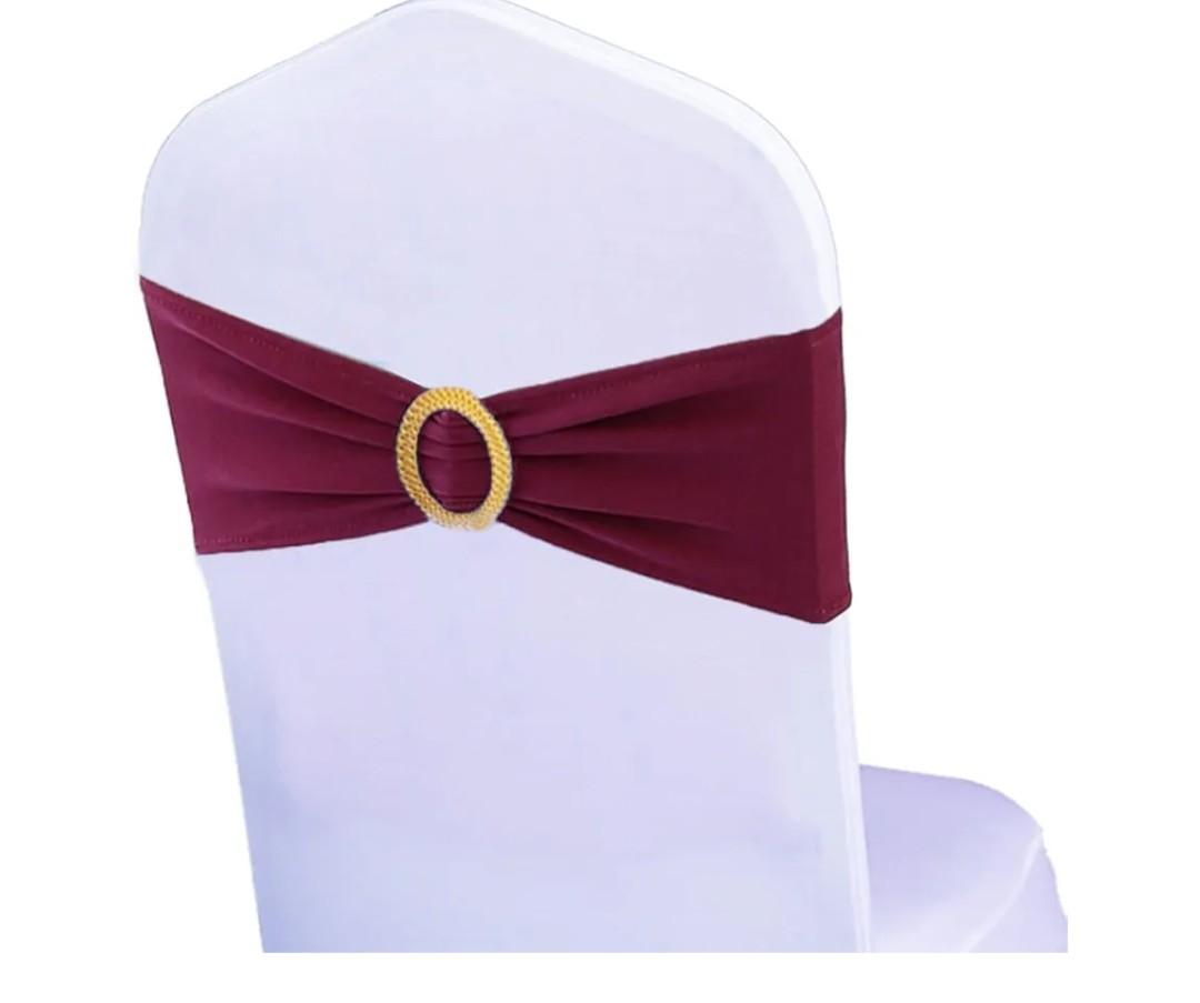 Pack of 100 Spandex Dark Burgundy Chair Sashes with Gold Buckles, Stretch Chairs Sashes for Wedding Party Bridal Shower Event Decor Chair Bands Bows (Dark Burgundy Sashes, Gold Buckles)