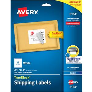 Avery Printable Shipping Labels with Sure Feed, 3-1/3" x 4", White, 150 Blank Mailing Labels (8164)