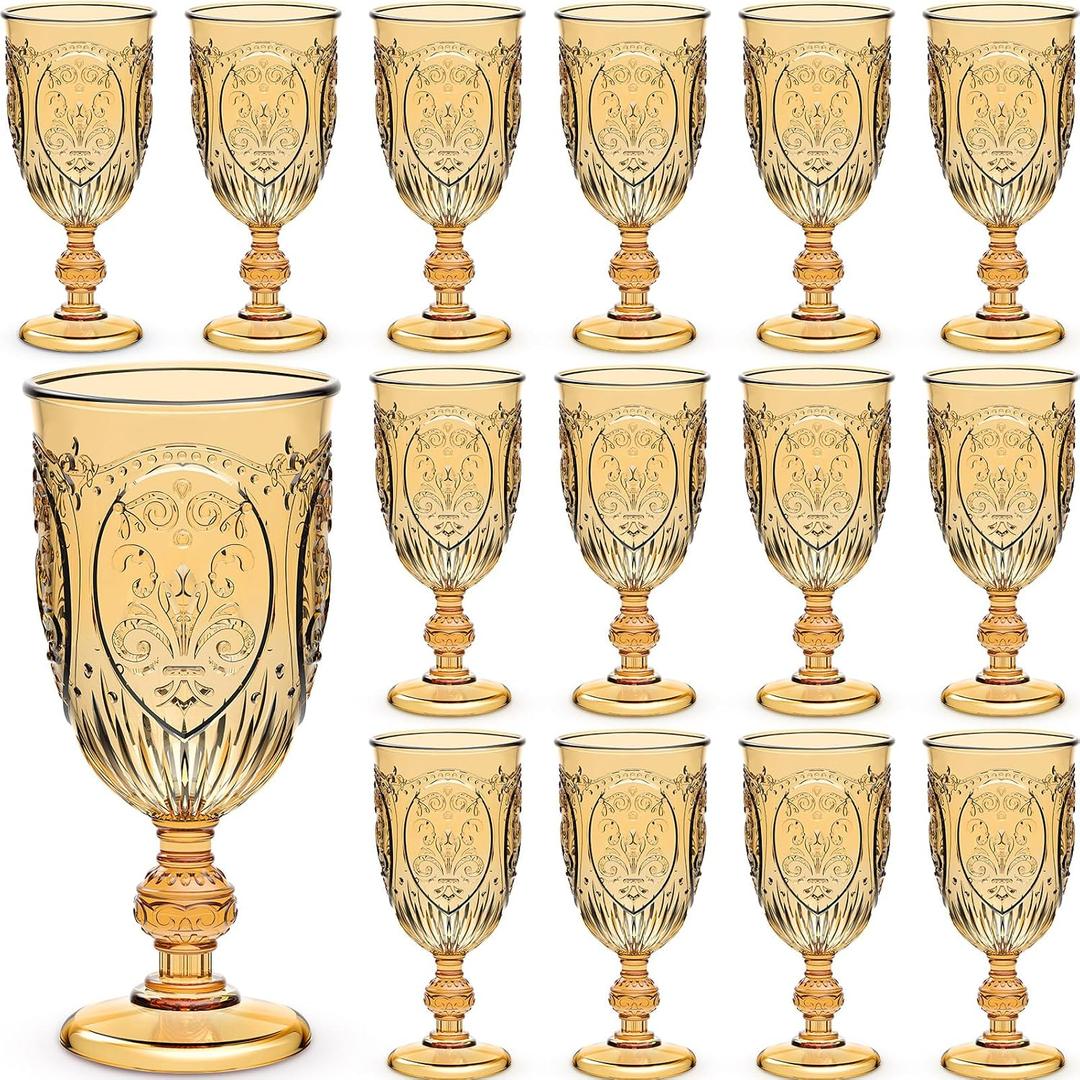 Wiwiqing 24 Pcs Plastic Goblets 7.5oz Vintage Goblet Plastic Wine Glasses Colored Retro Embossed Water Goblets for Wine Bar Juice Baby Shower Wedding Reception Grand Event Party (Amber)
