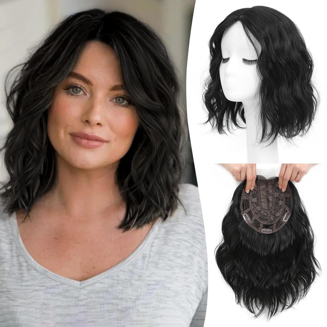 Ms Taj 11 Inch Short Wavy Hair Topper for Women with Thinning Hair, Natural Synthetic Lightweight & Breathable Hairpiece with 6.5"x6.5" Base, Instantly Adds Volume and CoverageNatural Black